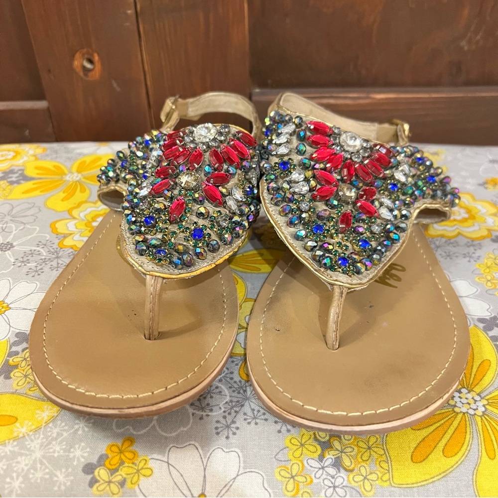 naughty monkey Tan Jeweled T-Strap Sandals with Red and Multicolor Rhinestones